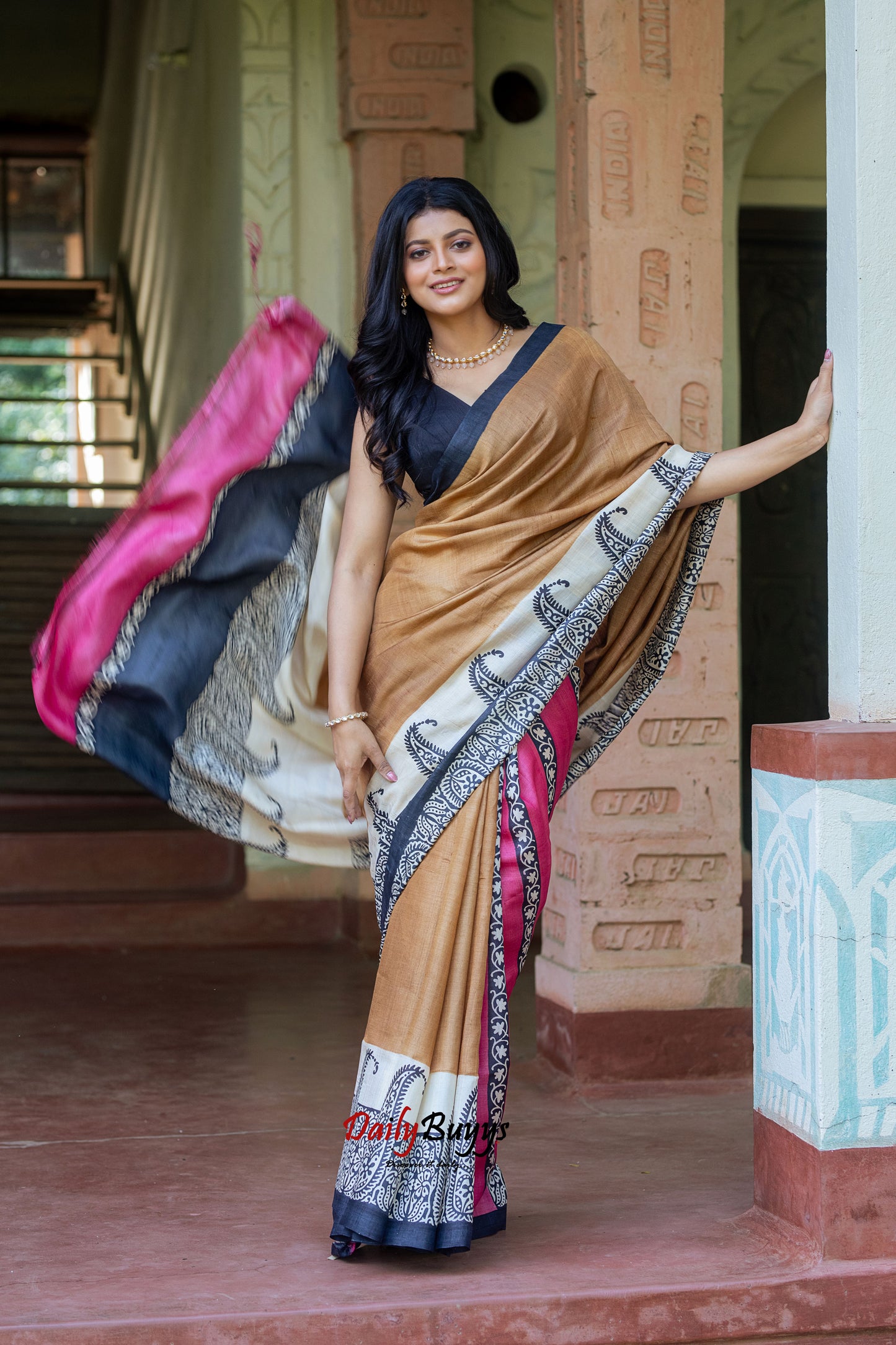 Brown Hand Painted Pure Silk Mark Certified Tussar Silk Sarees