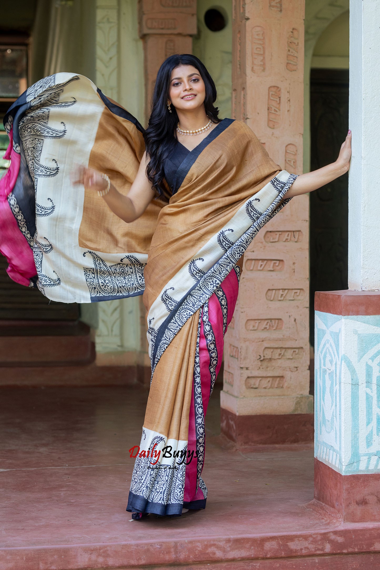 Brown Hand Painted Pure Silk Mark Certified Tussar Silk Sarees