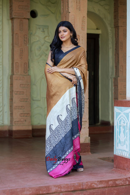 Brown Hand Painted Pure Silk Mark Certified Tussar Silk Sarees