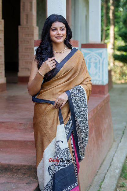 Brown Hand Painted Pure Silk Mark Certified Tussar Silk Sarees