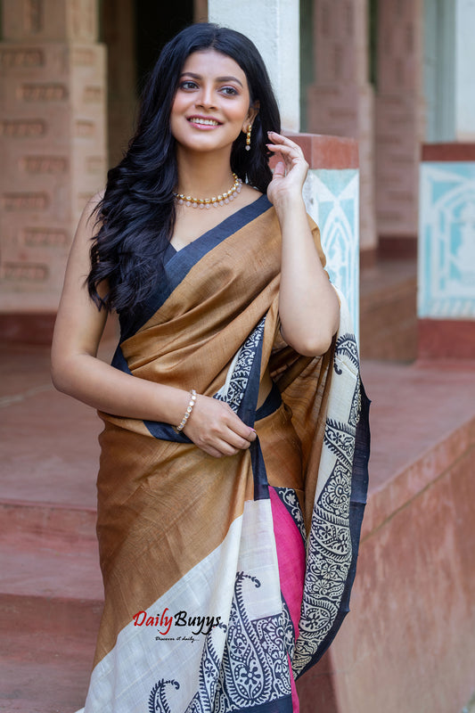 Brown Block Printed Pure Silk Mark Certified Tussar Silk Sarees