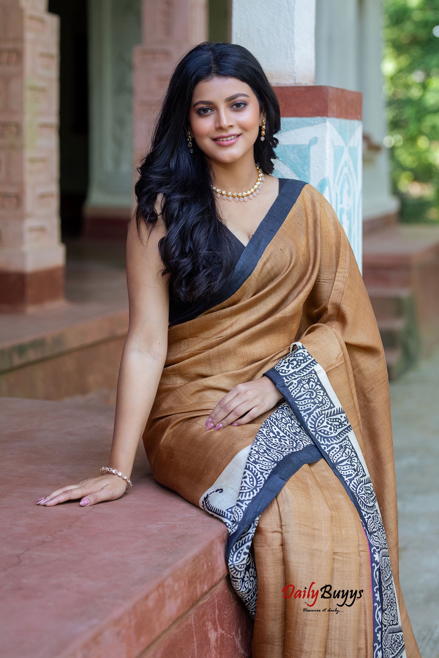 Brown Hand Painted Pure Silk Mark Certified Tussar Silk Sarees