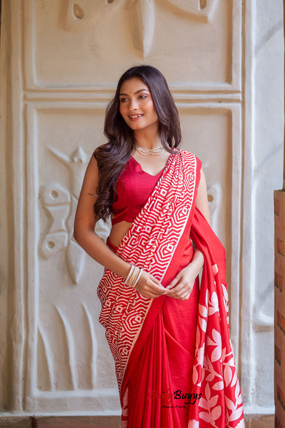 Red Wax Batik Block Printed Painted  Silk Mark Certified Bishnupuri Silk Sarees