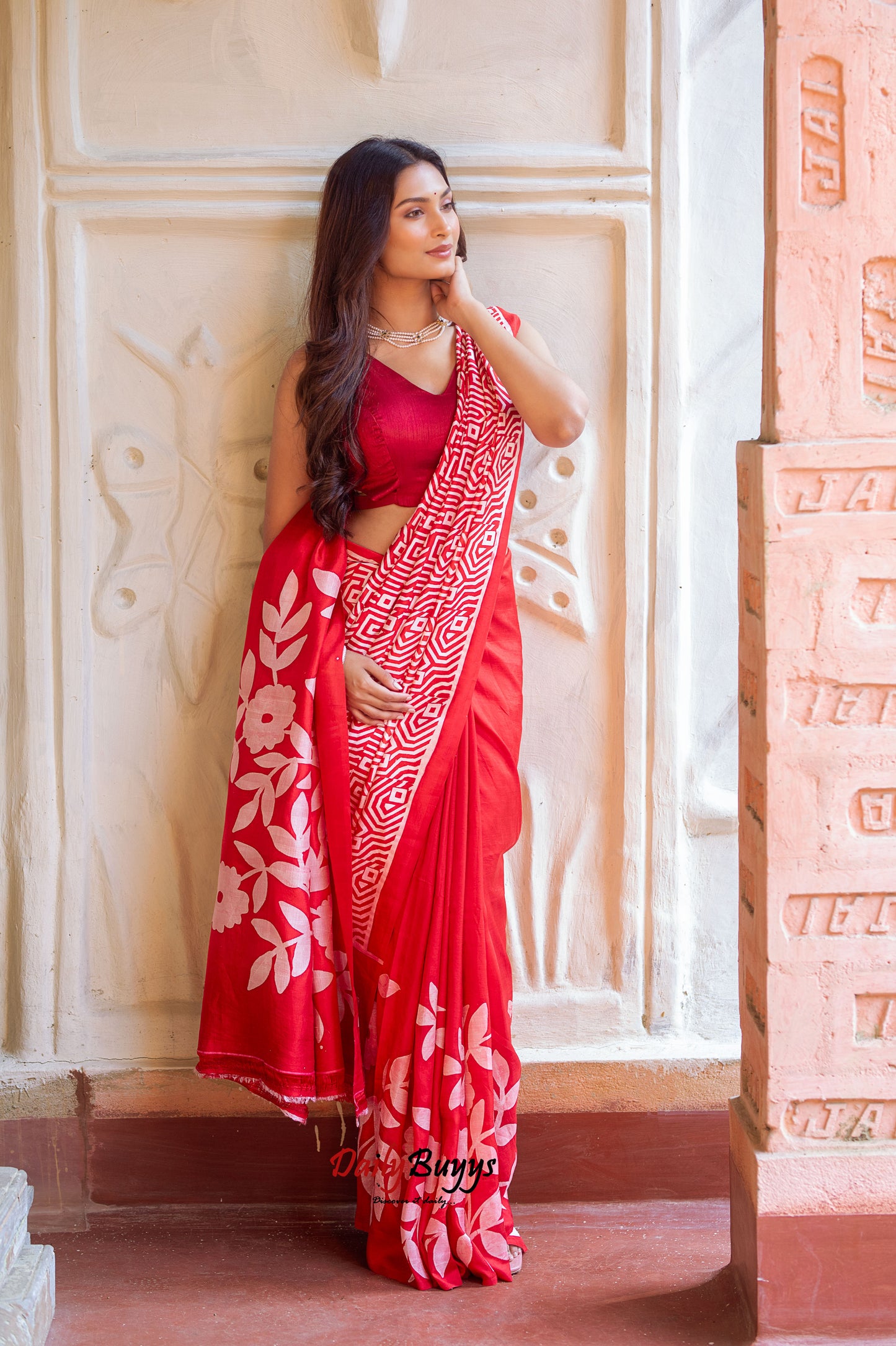 Red Wax Batik Block Printed Painted  Silk Mark Certified Bishnupuri Silk Sarees