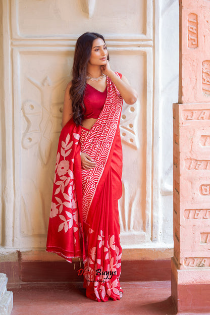 Red Wax Batik Block Printed Painted  Silk Mark Certified Bishnupuri Silk Sarees