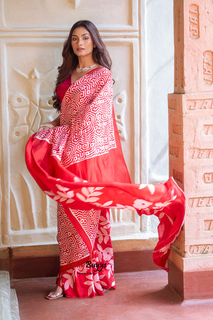 Red Wax Batik Block Printed Painted  Silk Mark Certified Bishnupuri Silk Sarees