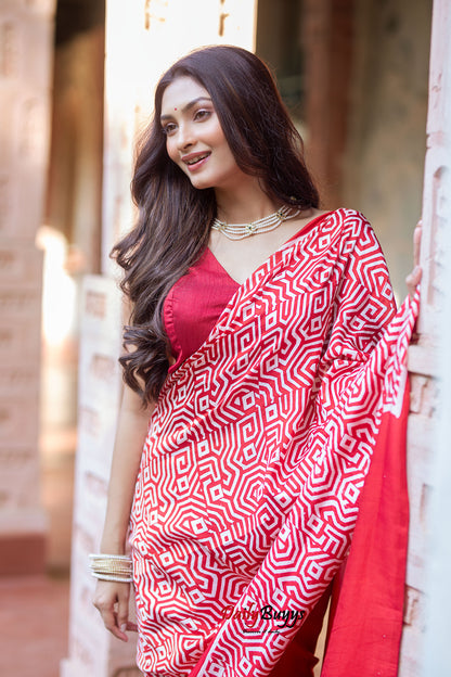 Red Wax Batik Block Printed Painted  Silk Mark Certified Bishnupuri Silk Sarees