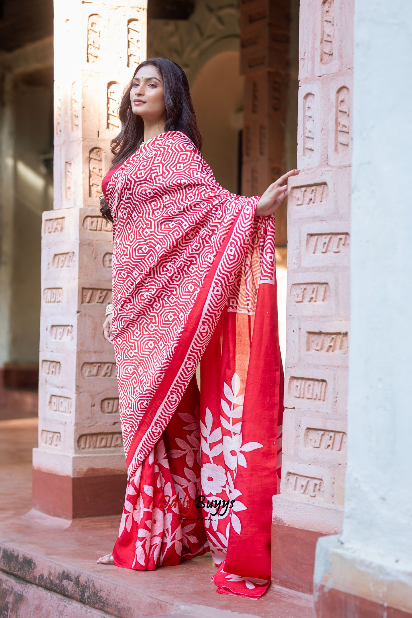 Red Wax Batik Block Printed Painted  Silk Mark Certified Bishnupuri Silk Sarees