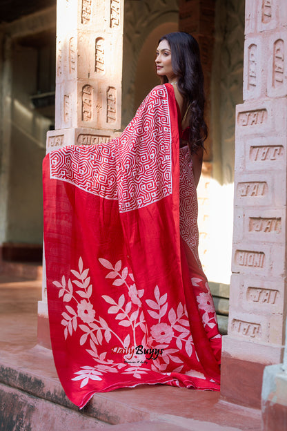 Red Wax Batik Block Printed Painted  Silk Mark Certified Bishnupuri Silk Sarees