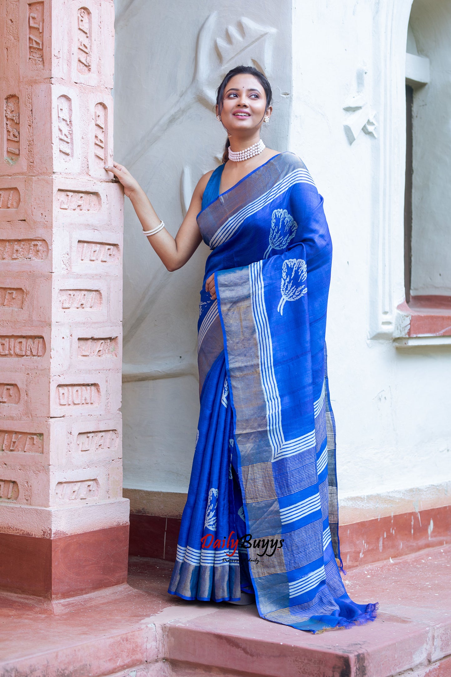 Blue Block Printed Silk Mark Certified Tussar Silk Sarees