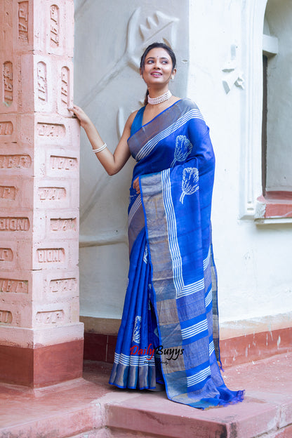 Blue Block Printed Silk Mark Certified Tussar Silk Sarees