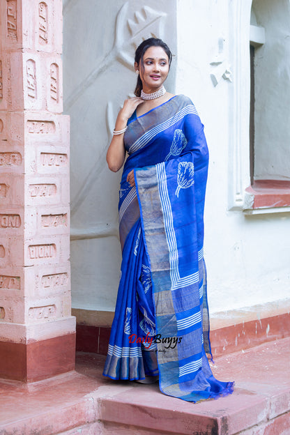 Blue Block Printed Silk Mark Certified Tussar Silk Sarees