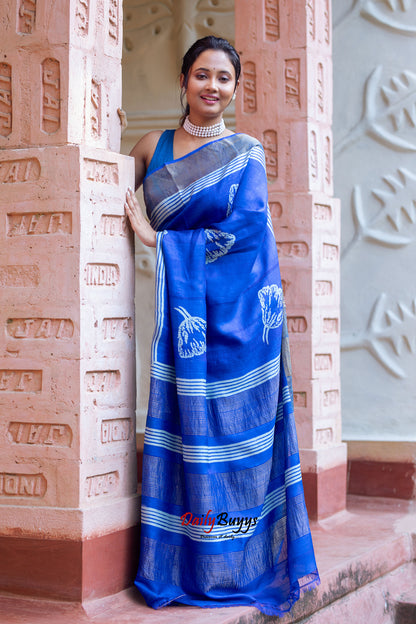 Blue Block Printed Silk Mark Certified Tussar Silk Sarees