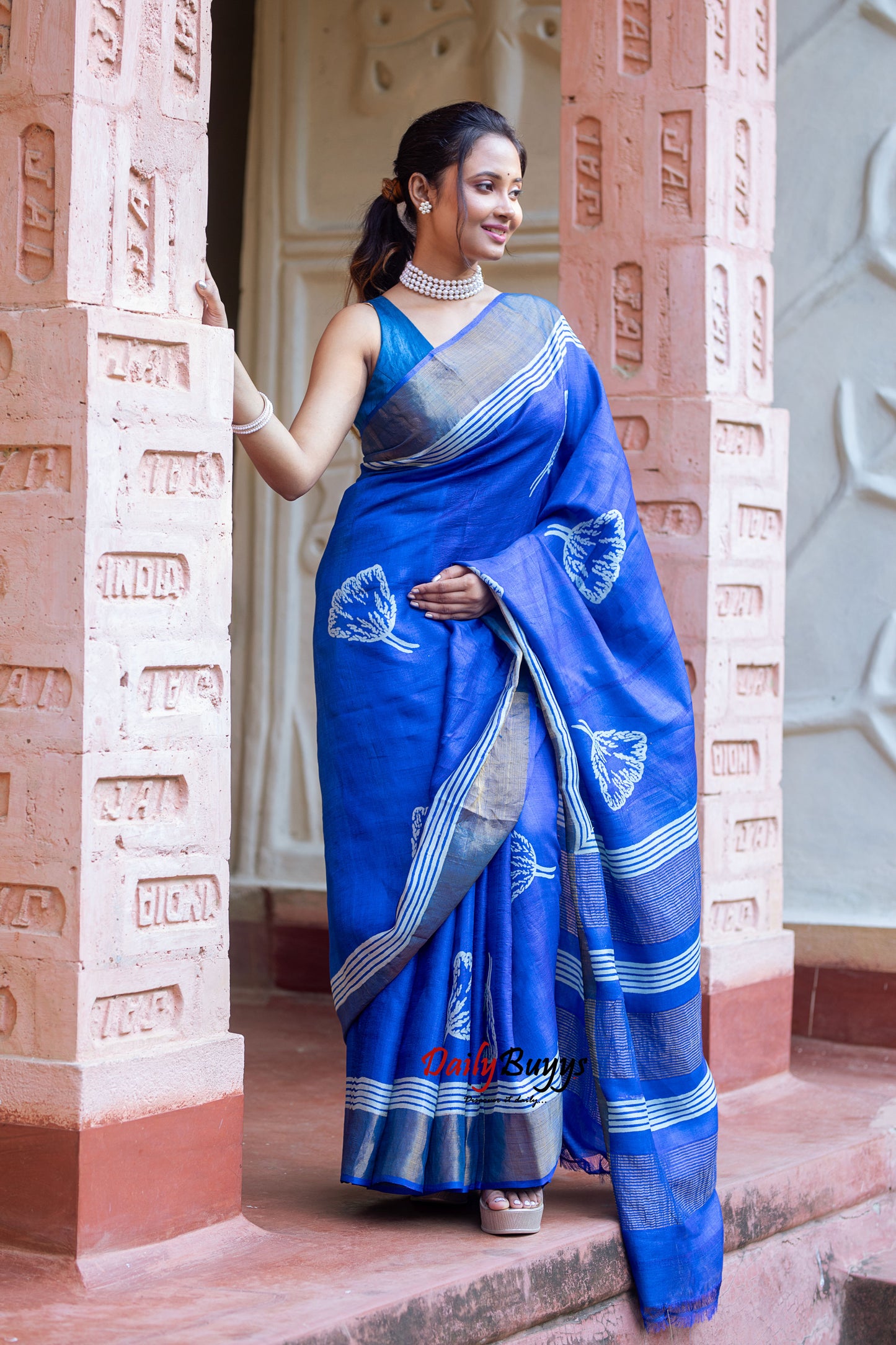 Blue Block Printed Silk Mark Certified Tussar Silk Sarees