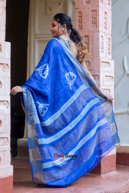 Blue Block Printed Silk Mark Certified Tussar Silk Sarees