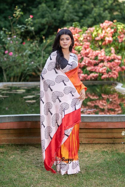 Orange Block Printed Silk Mark Certified Bishnupuri Silk Sarees
