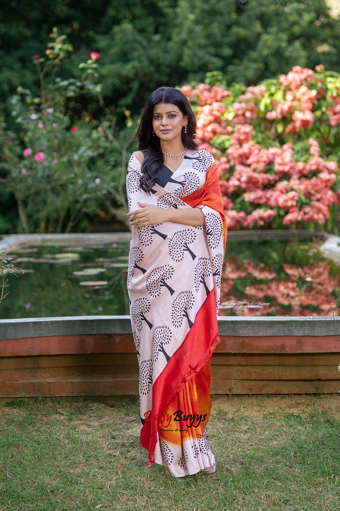 Orange Block Printed Silk Mark Certified Bishnupuri Silk Sarees