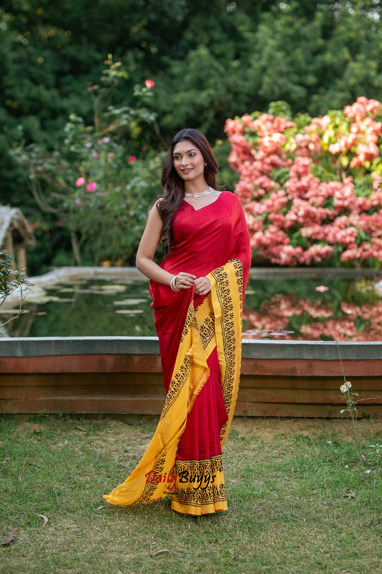 Red Yellow Block Printed Painted Silk Mark Certified Bishnupuri Silk Sarees