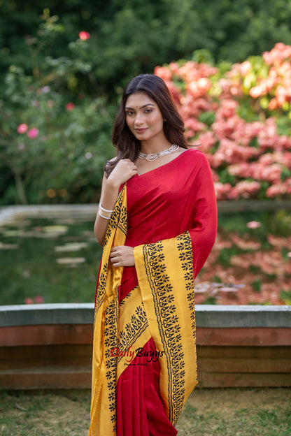 Red Yellow Block Printed Painted Silk Mark Certified Bishnupuri Silk Sarees