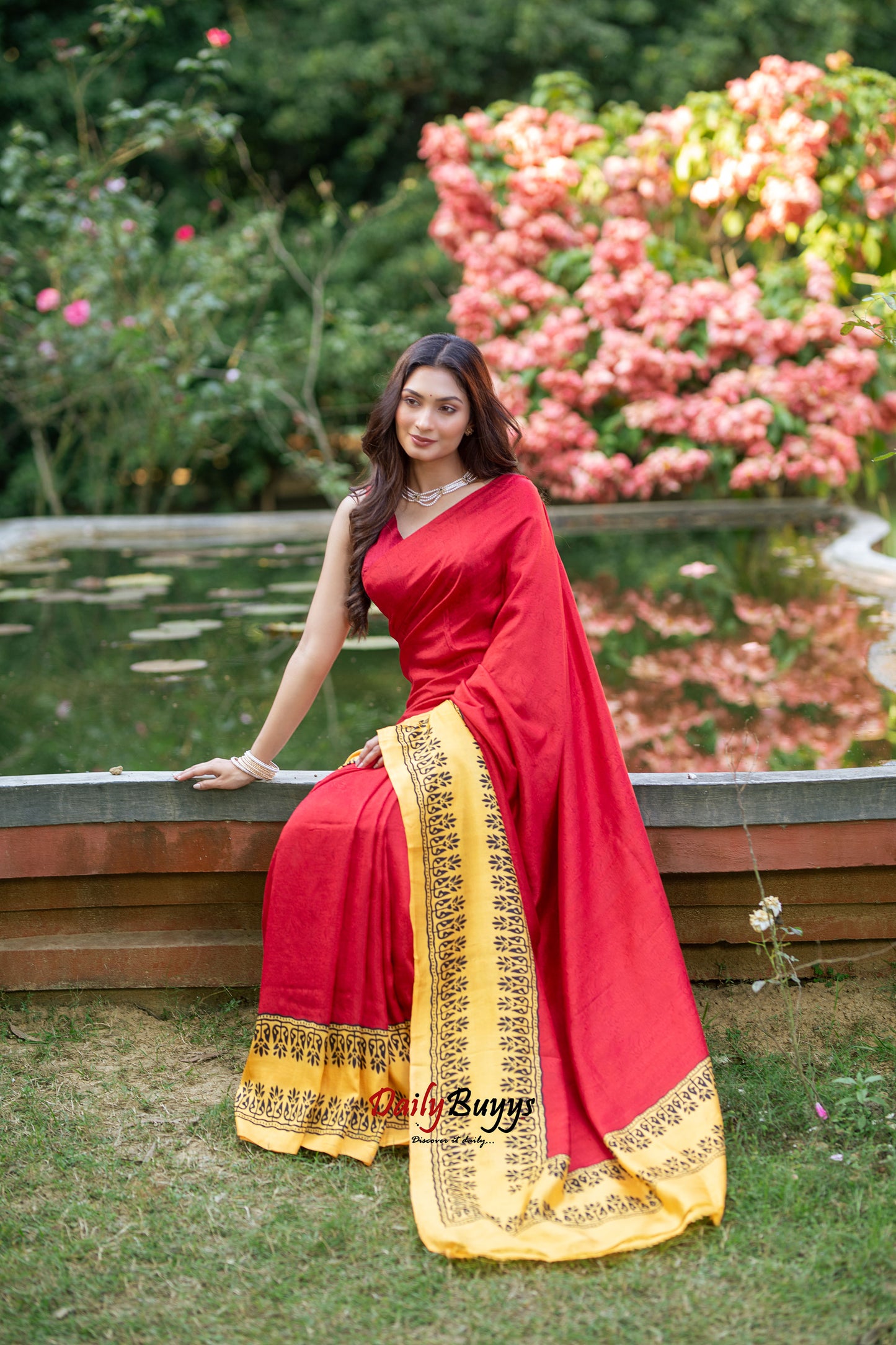 Red Yellow Block Printed Painted Silk Mark Certified Bishnupuri Silk Sarees