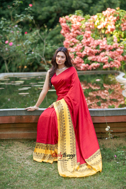 Red Yellow Block Printed Painted Silk Mark Certified Bishnupuri Silk Sarees