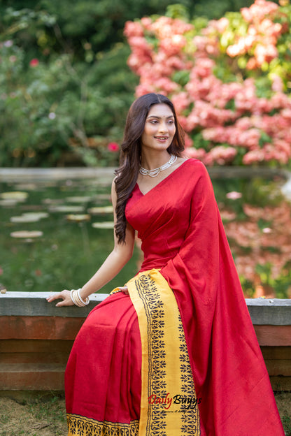 Red Yellow Block Printed Painted Silk Mark Certified Bishnupuri Silk Sarees