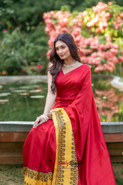 Red Yellow Block Printed Painted Silk Mark Certified Bishnupuri Silk Sarees
