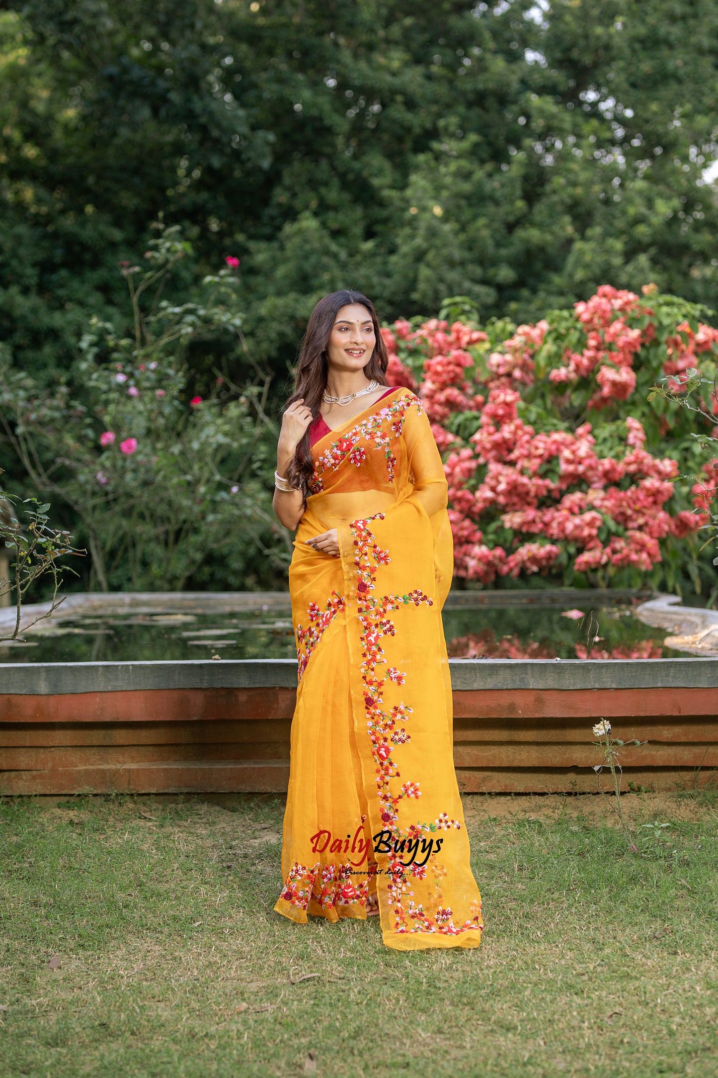 Yellow Embroidery Designer Work Organza Sarees