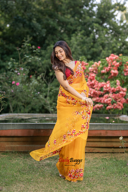 Yellow Embroidery Designer Work Organza Sarees