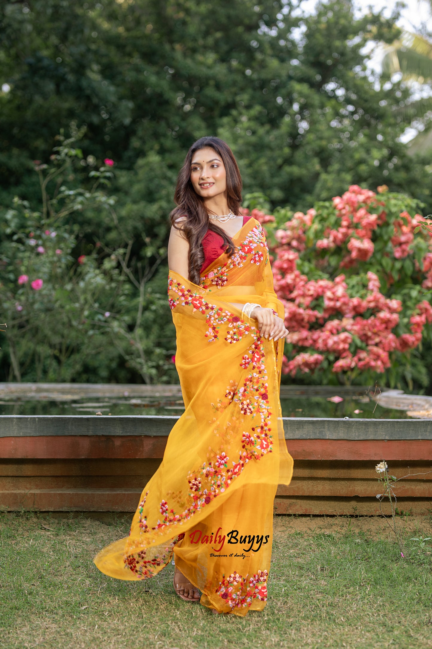 Yellow Embroidery Designer Work Organza Sarees