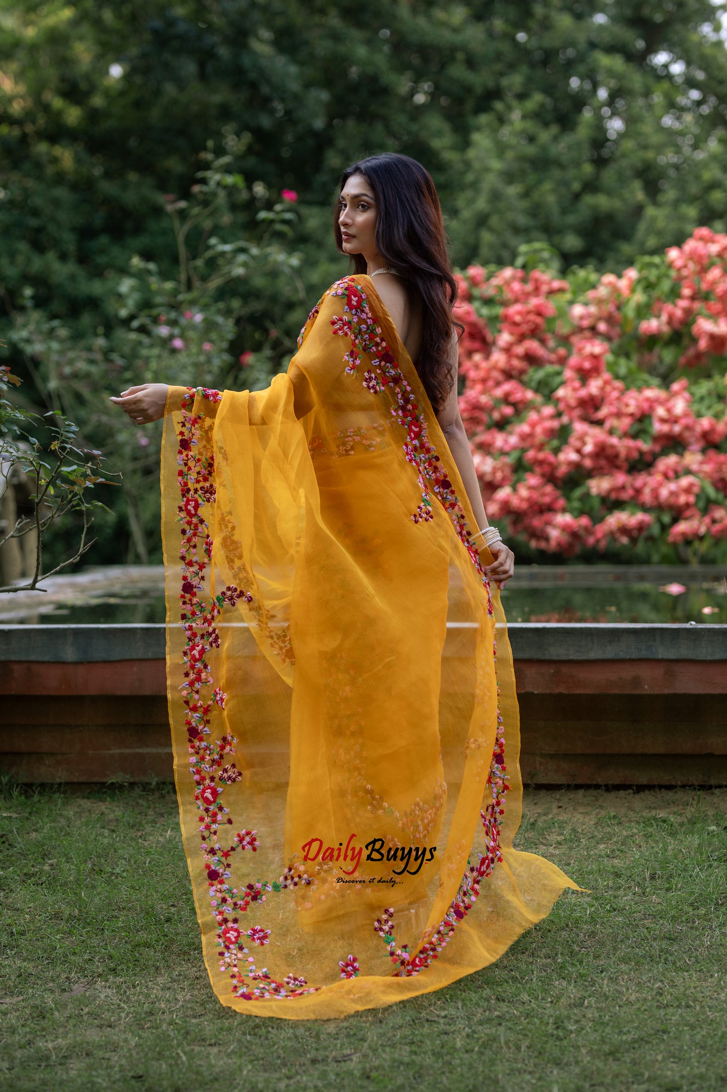 Yellow Embroidery Designer Work Organza Sarees