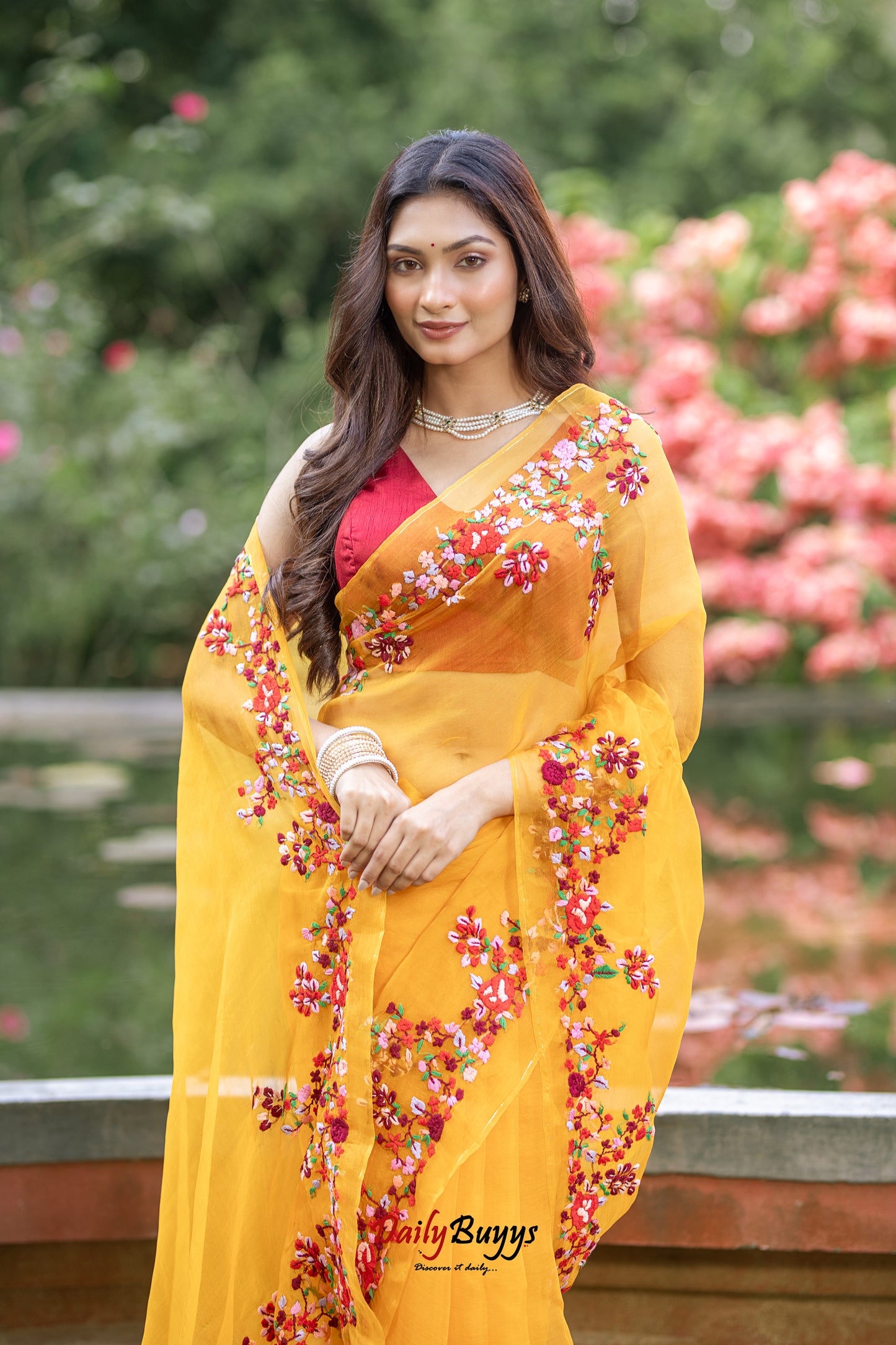 Yellow Embroidery Designer Work Organza Sarees