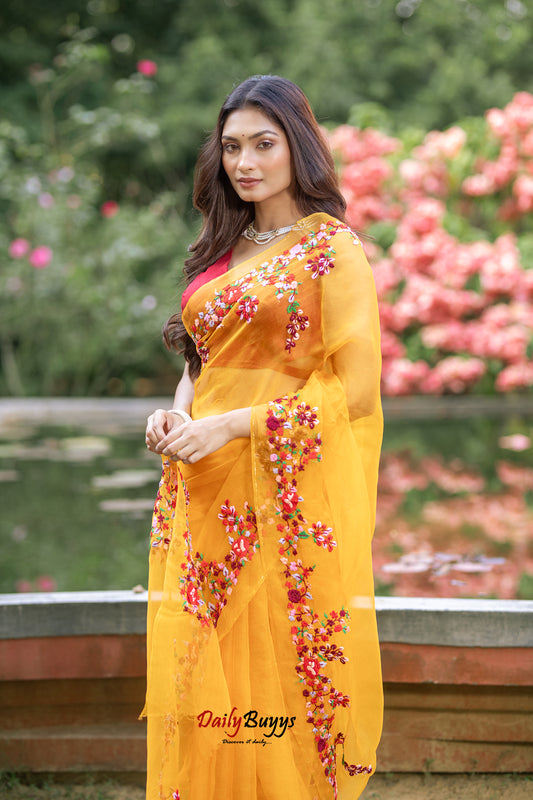 Yellow Embroidery Designer Work Organza Sarees