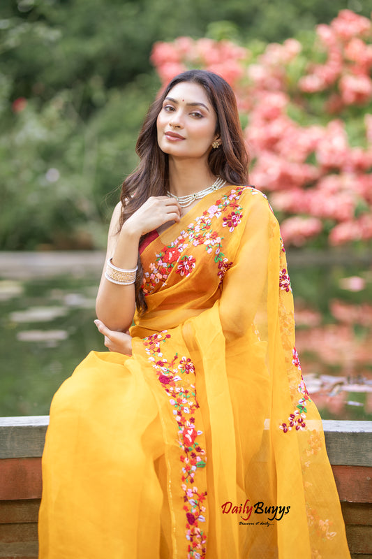 Yellow Embroidery Designer Work Organza Sarees