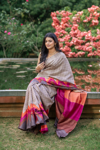 Brown Hand Painted Pure Silk Mark Certified Tussar Silk Sarees