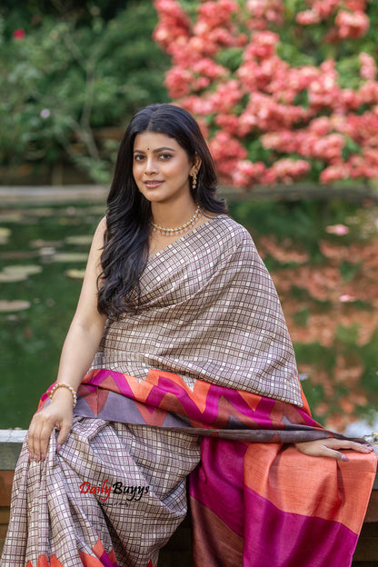 Brown Hand Painted Pure Silk Mark Certified Tussar Silk Sarees