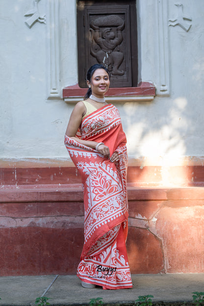 Rust Orange Wax Batik Block Printed Painted Silk Mark Certified Bishnupuri Silk Sarees