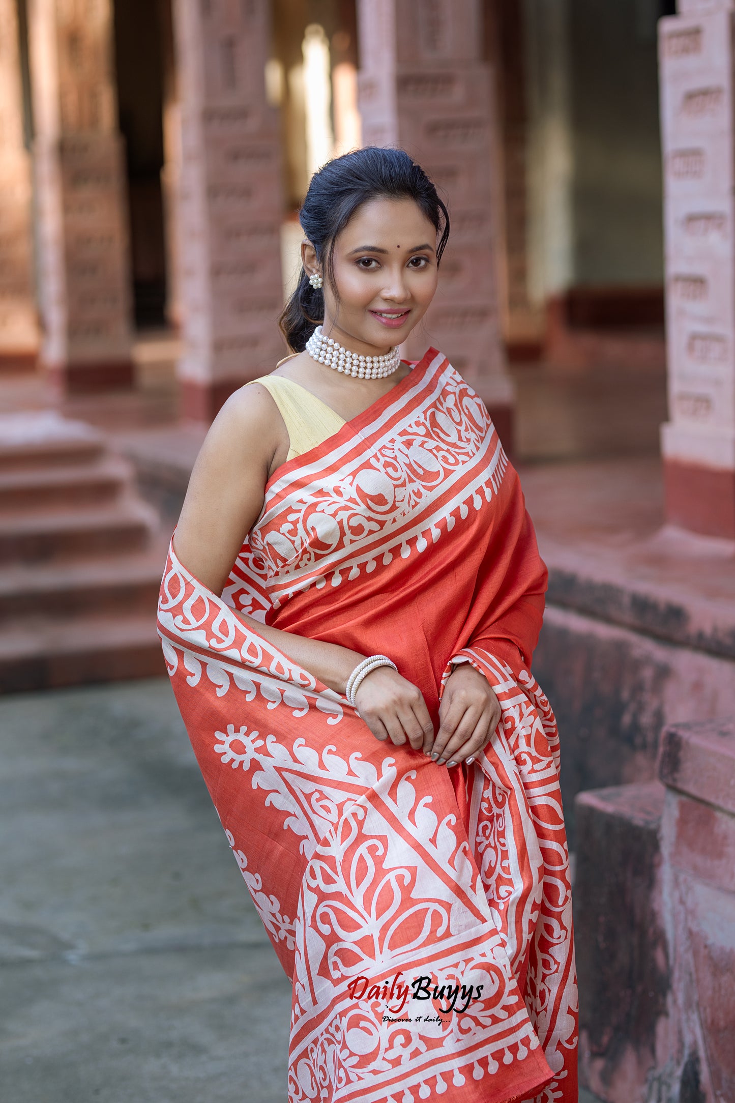 Rust Orange Wax Batik Block Printed Painted Silk Mark Certified Bishnupuri Silk Sarees