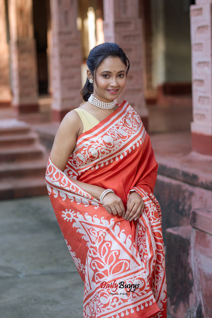 Rust Orange Wax Batik Block Printed Painted Silk Mark Certified Bishnupuri Silk Sarees