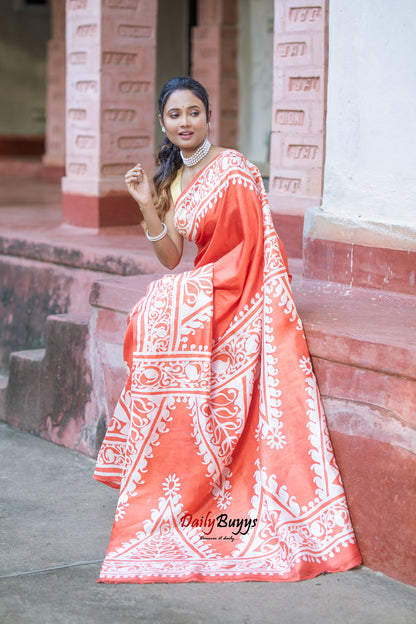 Rust Orange Wax Batik Block Printed Painted Silk Mark Certified Bishnupuri Silk Sarees