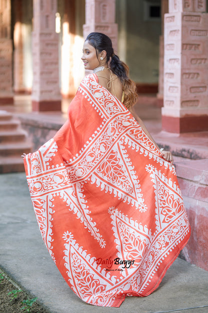 Rust Orange Wax Batik Block Printed Painted Silk Mark Certified Bishnupuri Silk Sarees