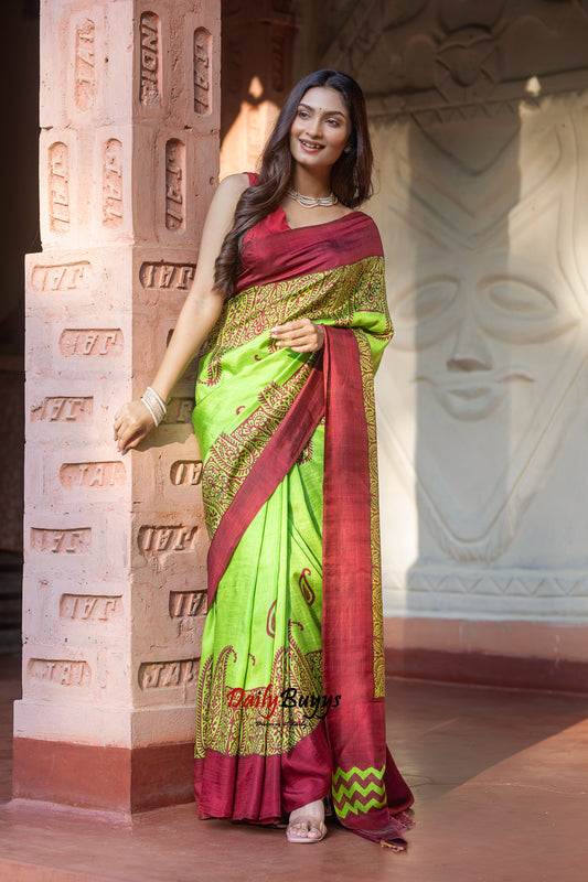 Neon Green Block Printed Silk Mark Certified Bishnupuri Silk Sarees
