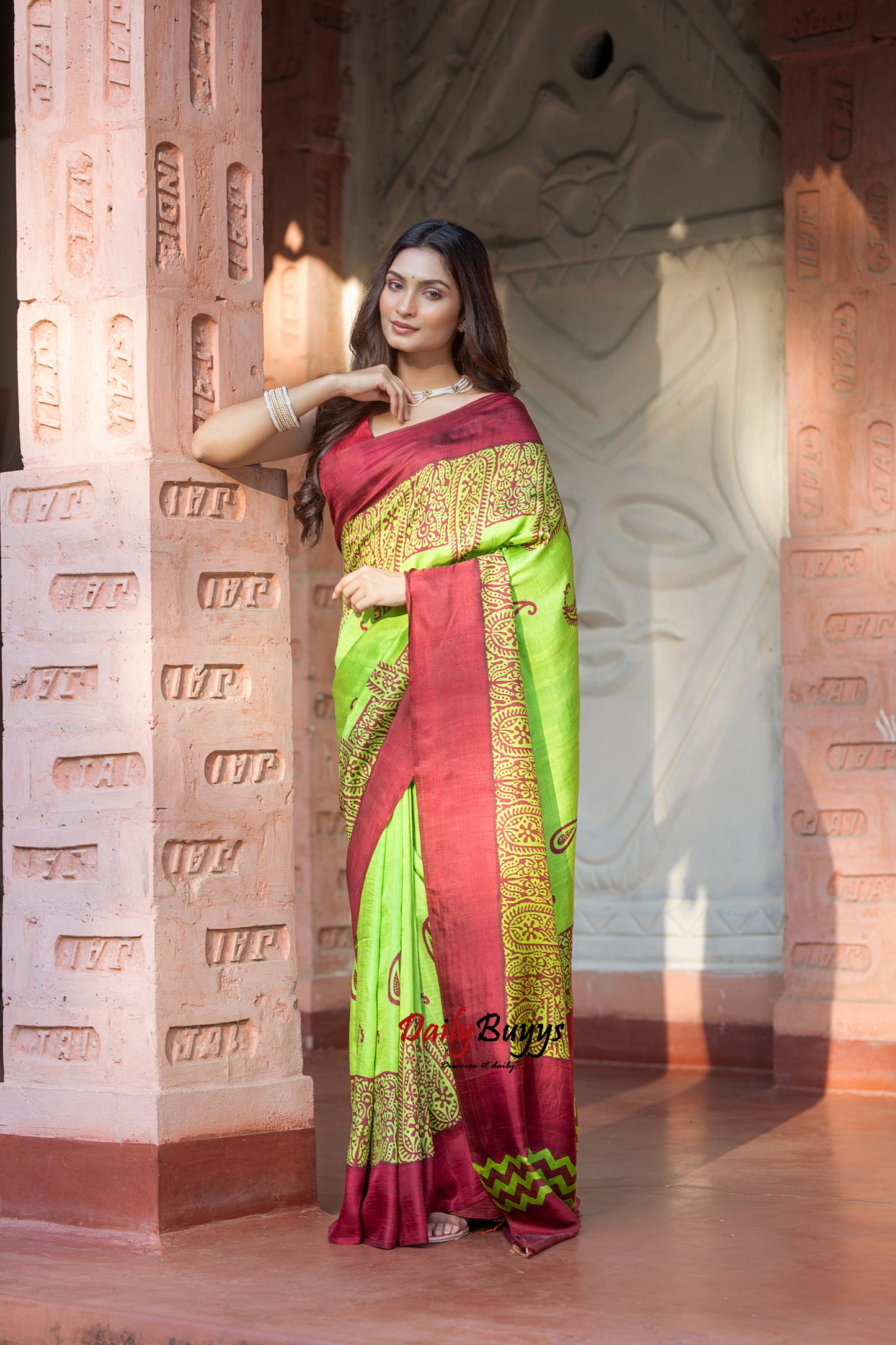 Neon Green Block Printed Silk Mark Certified Bishnupuri Silk Sarees