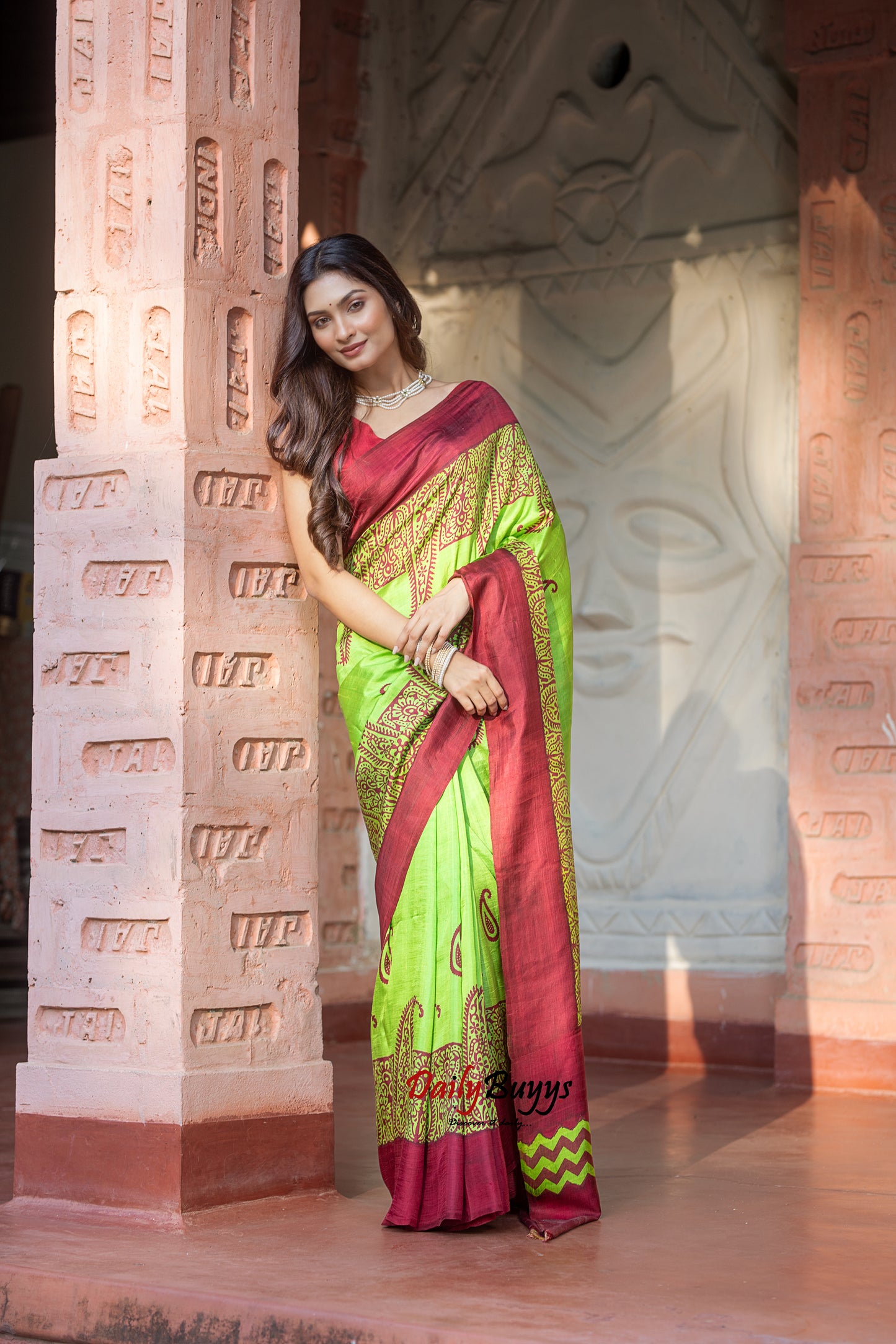 Neon Green Block Printed Silk Mark Certified Bishnupuri Silk Sarees