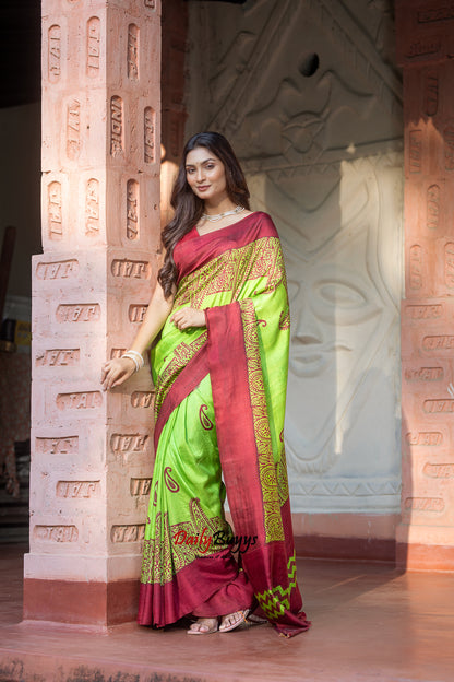 Neon Green Block Printed Silk Mark Certified Bishnupuri Silk Sarees