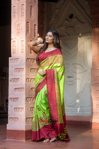 Neon Green Block Printed Silk Mark Certified Bishnupuri Silk Sarees