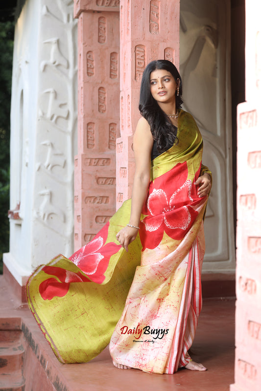 Yellow Floral Hand Painted  Silk Mark Certified Bishnupuri Silk Sarees