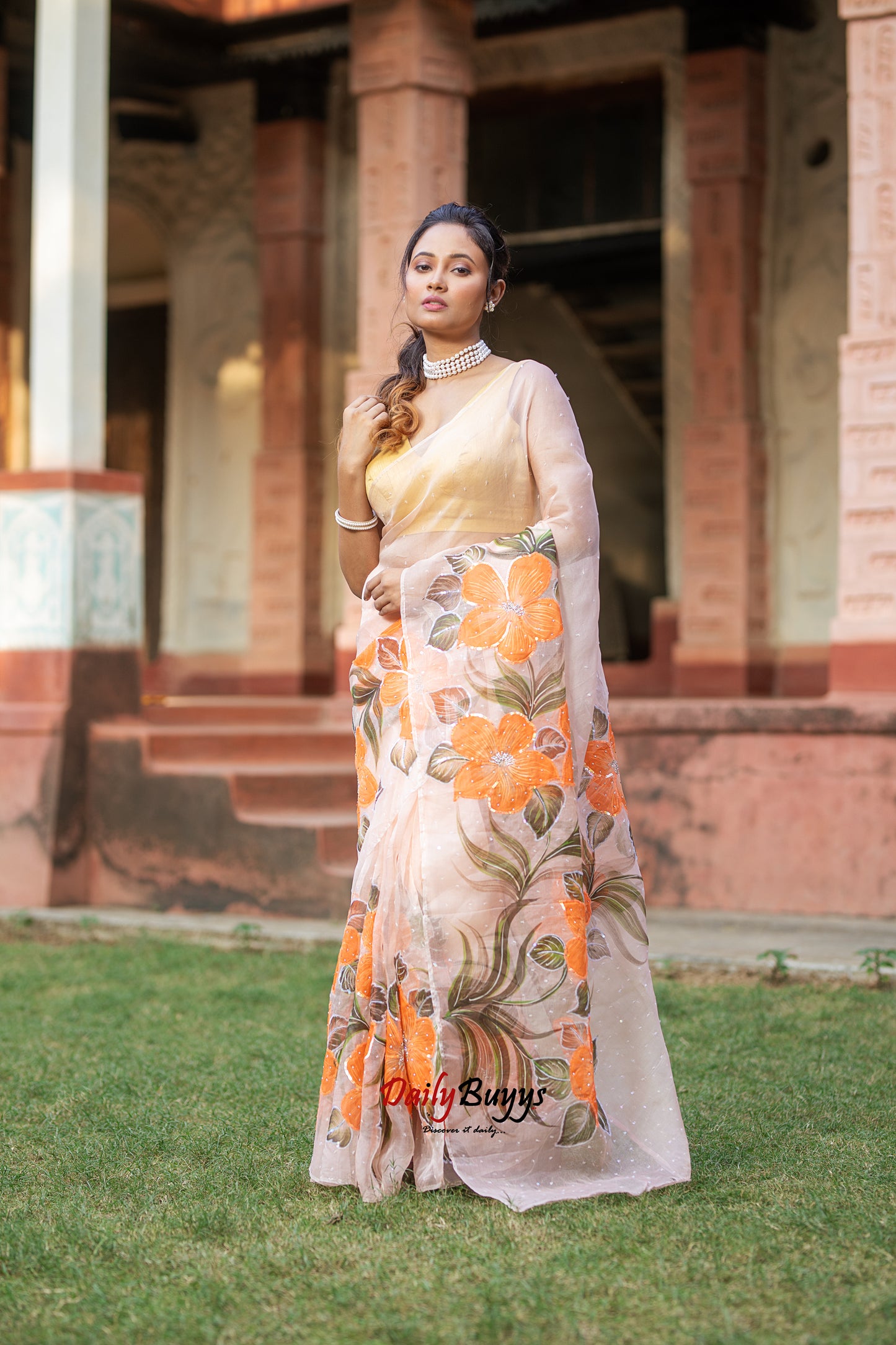 Designer Tikki Work Peach Organza Sarees