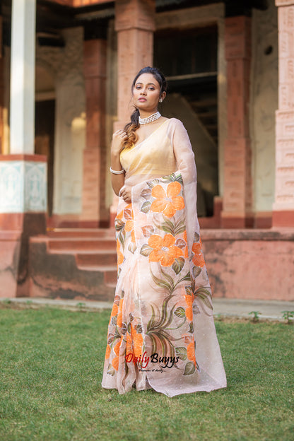 Designer Tikki Work Peach Organza Sarees