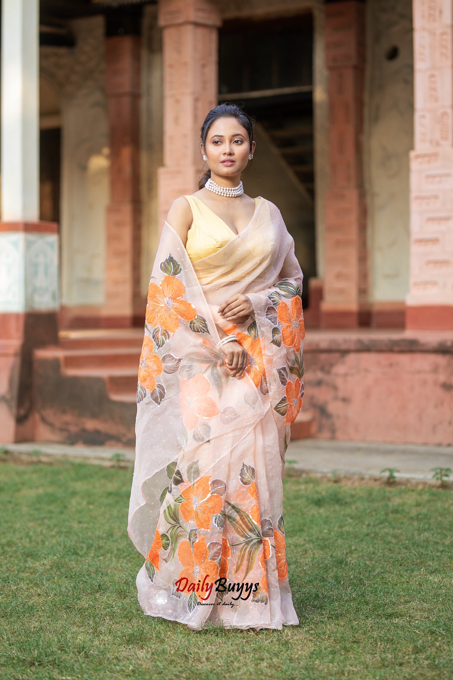 Designer Tikki Work Peach Organza Sarees